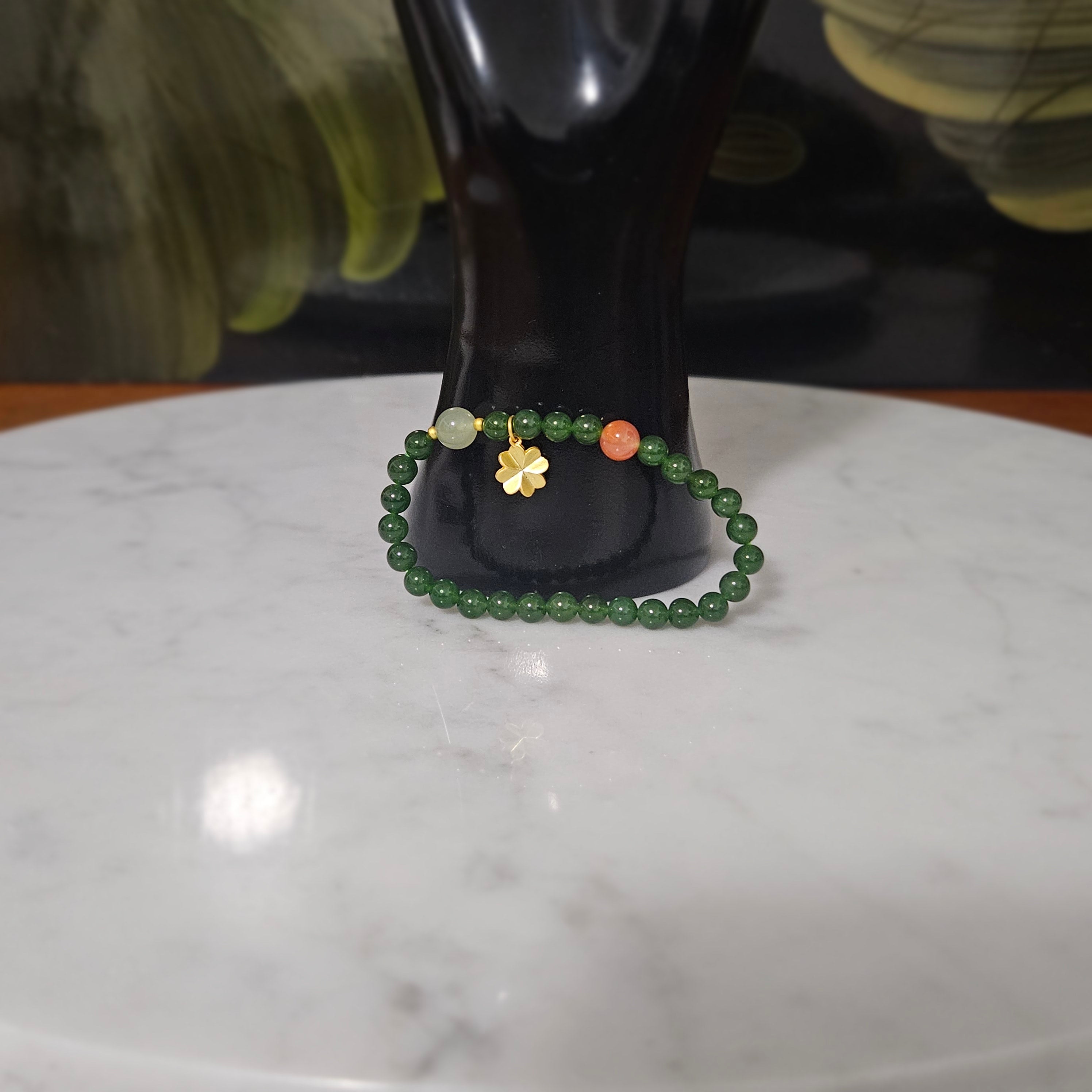 Siberian jasper Bracelet (Adorned with one Nanhong Agate bead and one pale "Clear Water" jade bead)