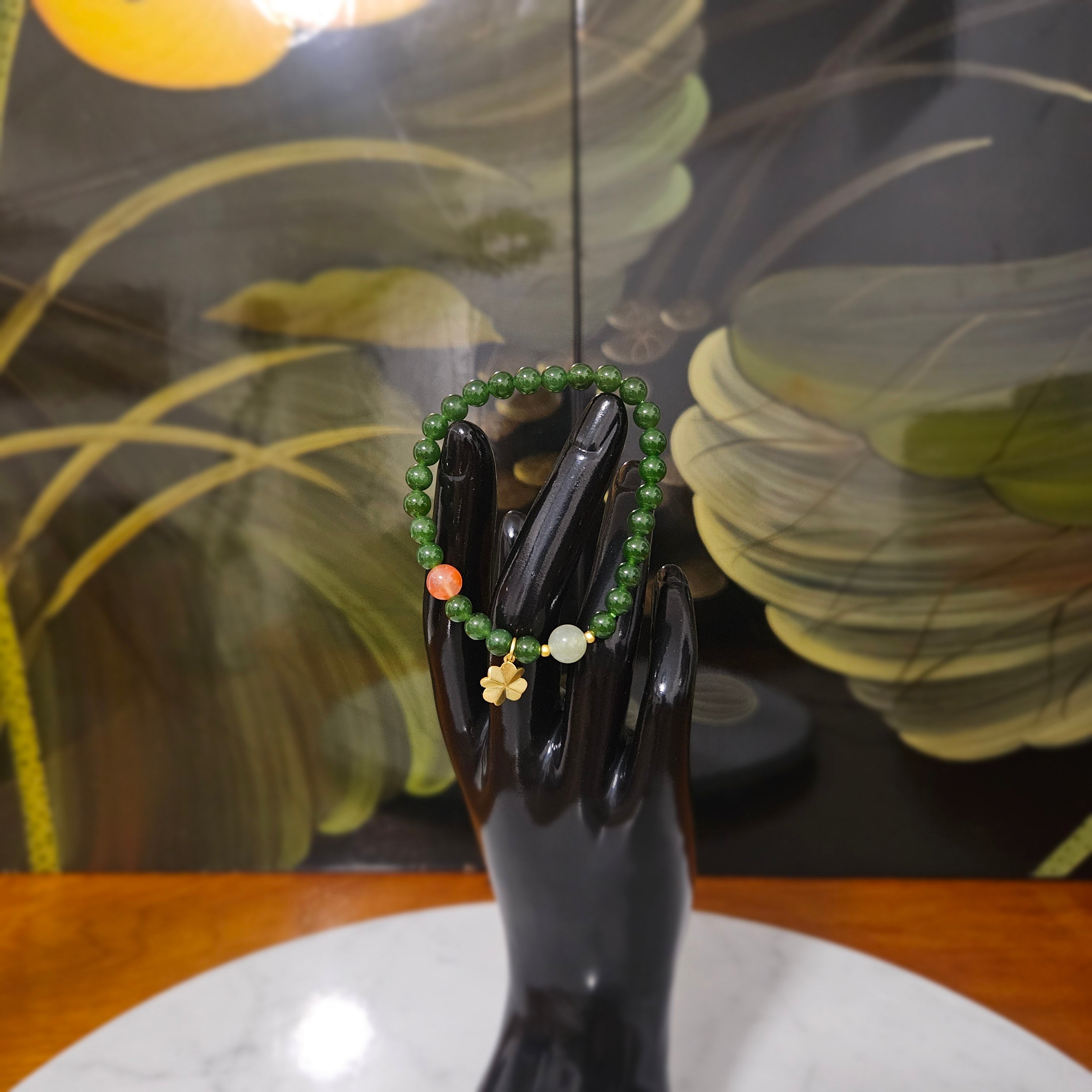 Siberian jasper Bracelet (Adorned with one Nanhong Agate bead and one pale "Clear Water" jade bead)