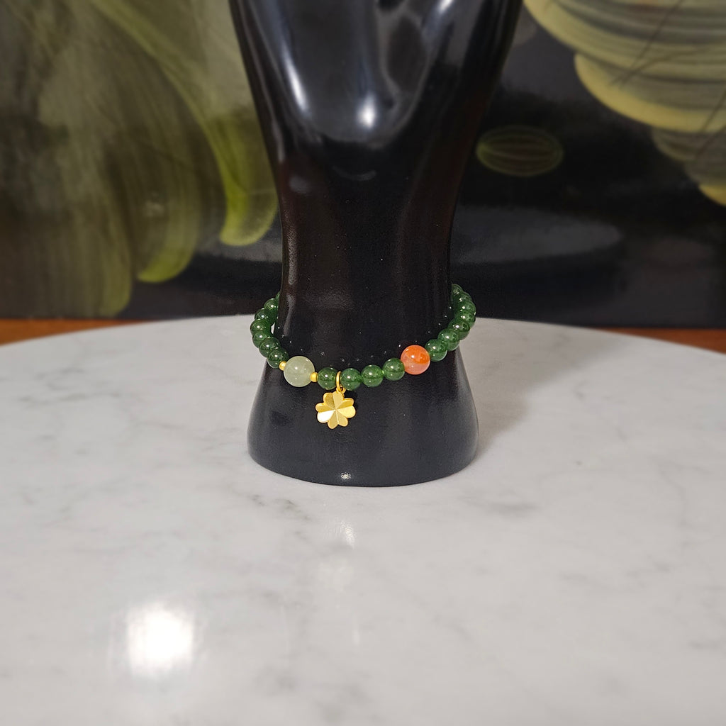 Siberian jasper Bracelet (Adorned with one Nanhong Agate bead and one pale "Clear Water" jade bead)