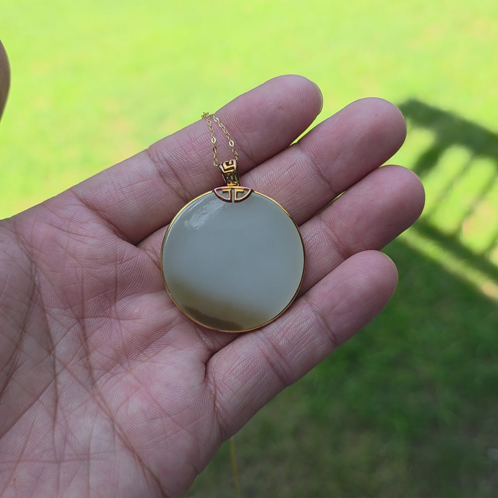 Round White Nephrite Jade Pendant with Russet Skin