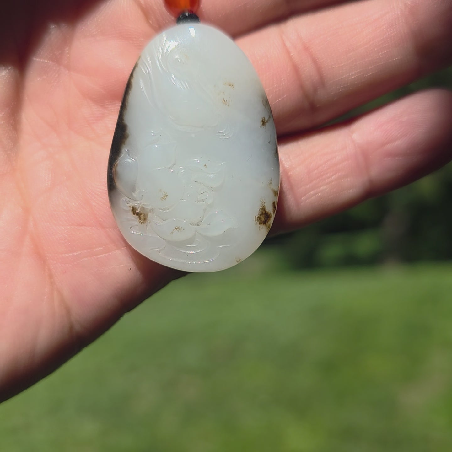 Nephrite Jade Carved Pendant: Lotus and Fish
