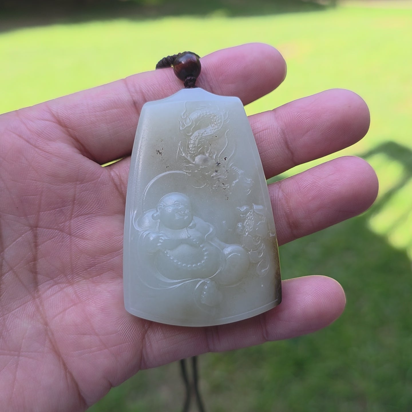 White Nephrite Jade Maitreya Buddha Pendant with Sugar-colored Inclusions