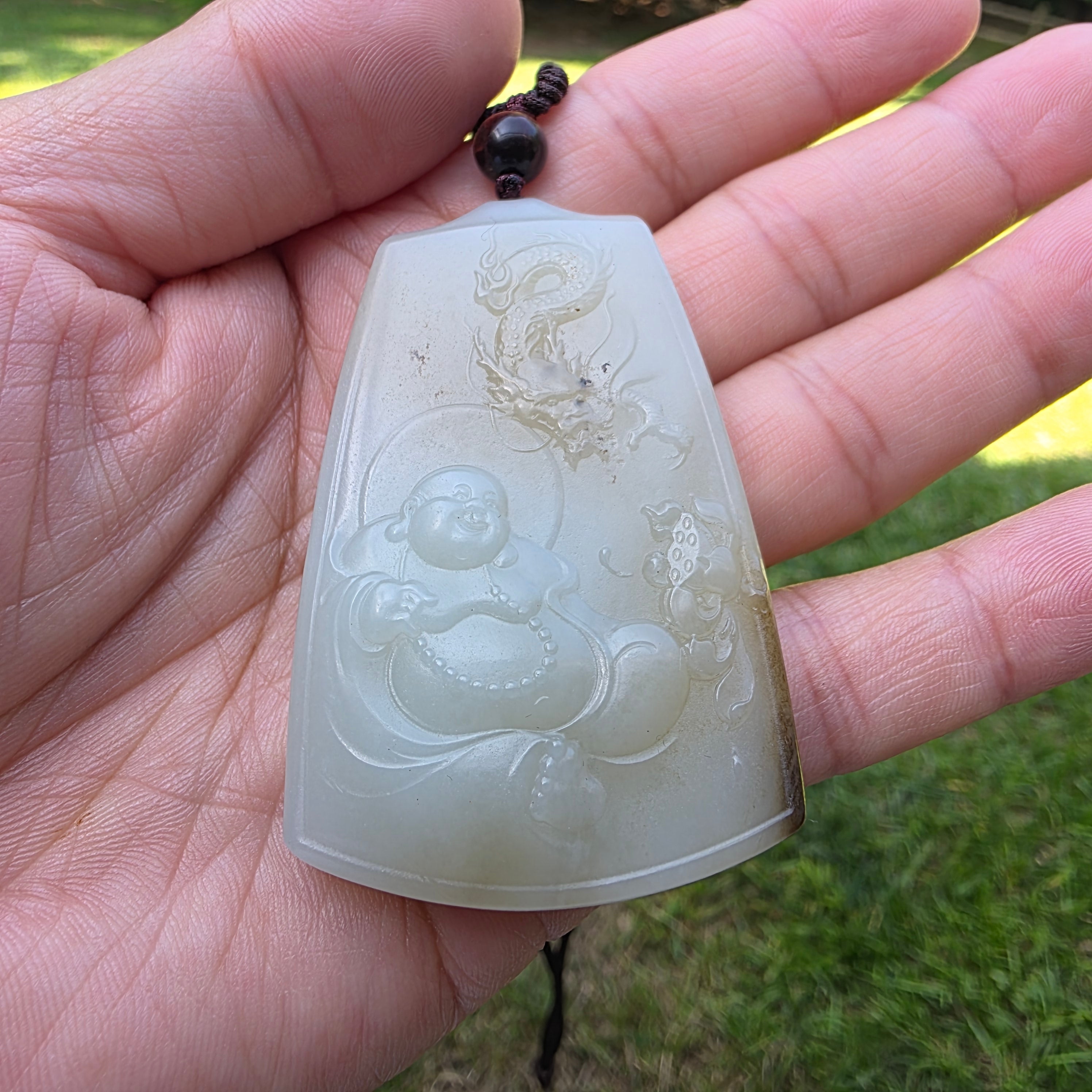 White Nephrite Jade Maitreya Buddha Pendant with Sugar-colored Inclusions
