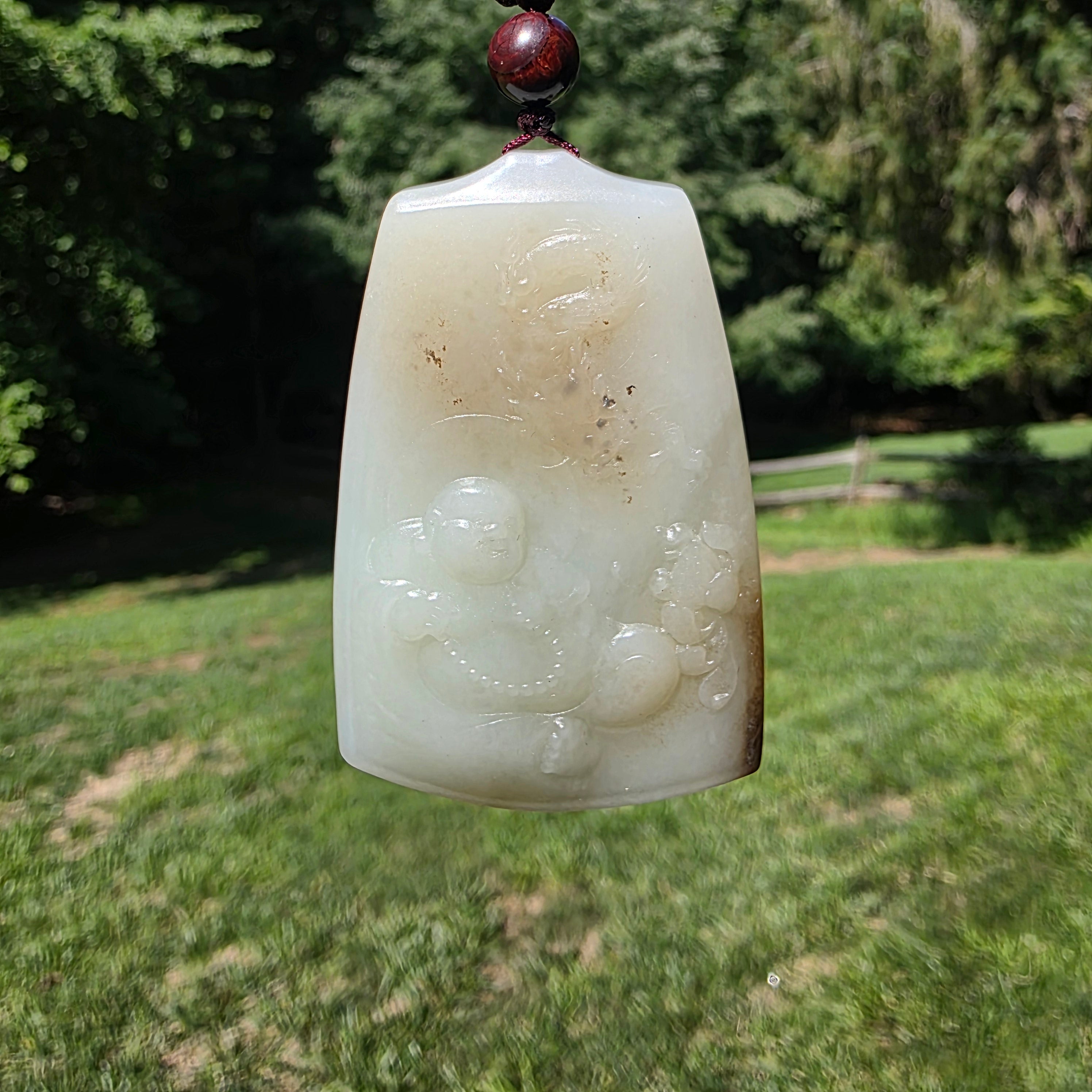 White Nephrite Jade Maitreya Buddha Pendant with Sugar-colored Inclusions