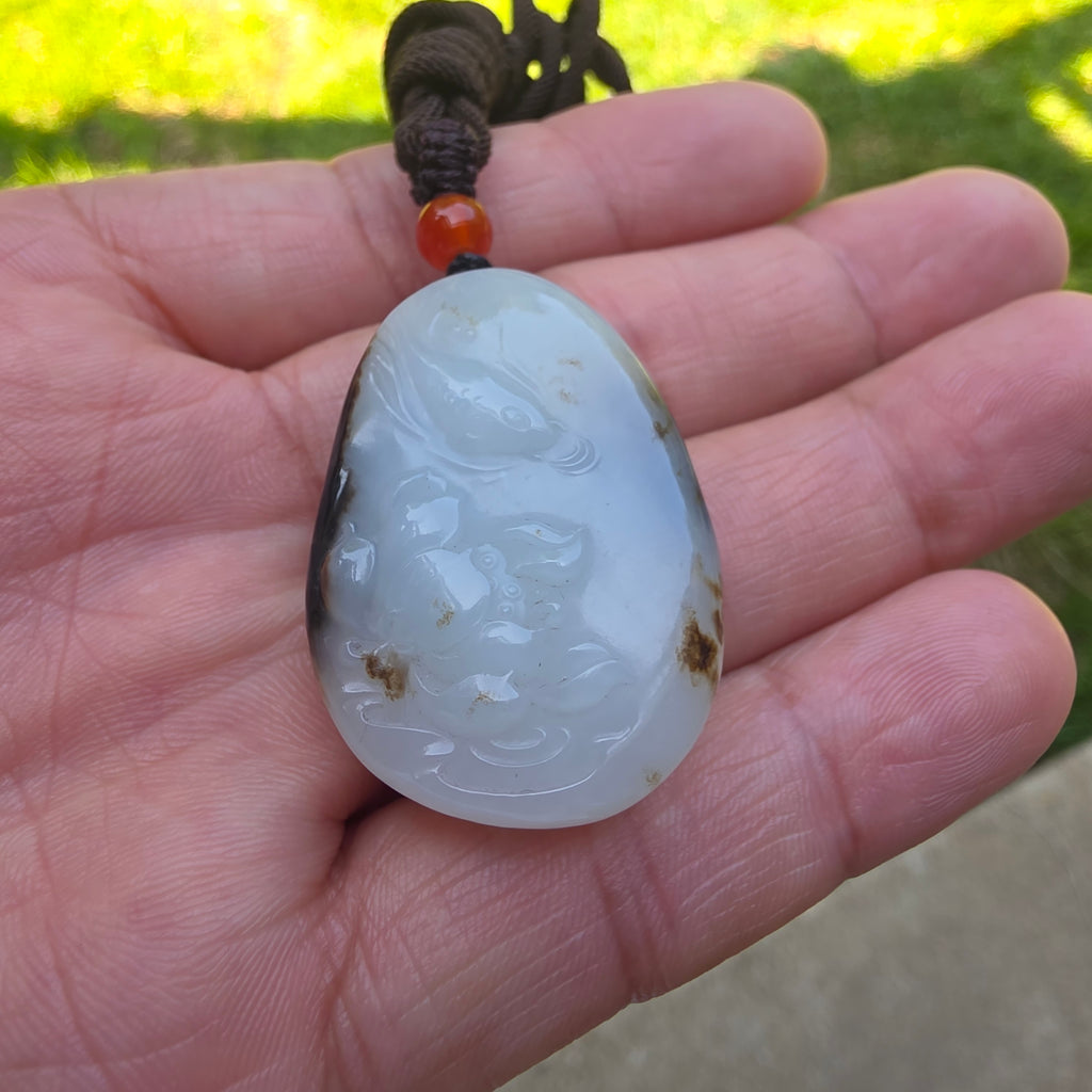 Nephrite Jade Carved Pendant: Lotus and Fish