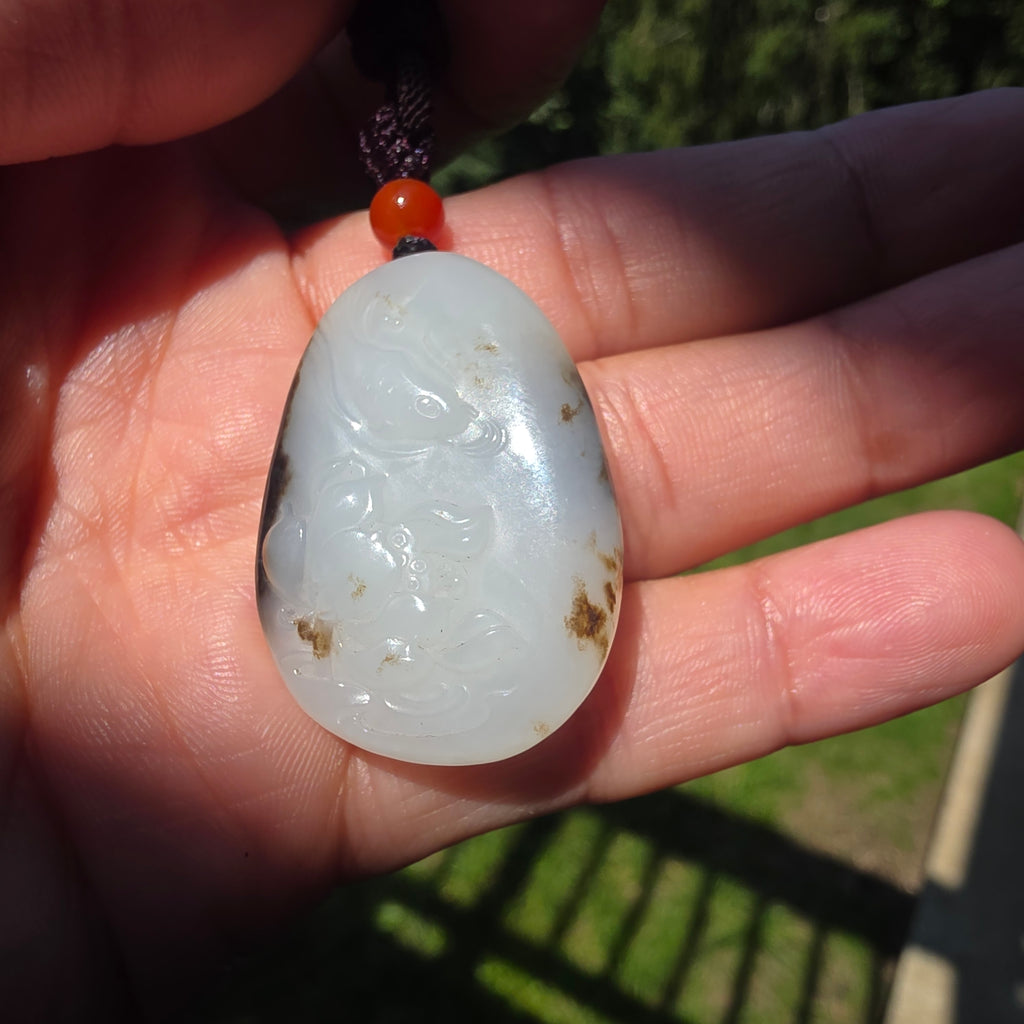 Nephrite Jade Carved Pendant: Lotus and Fish