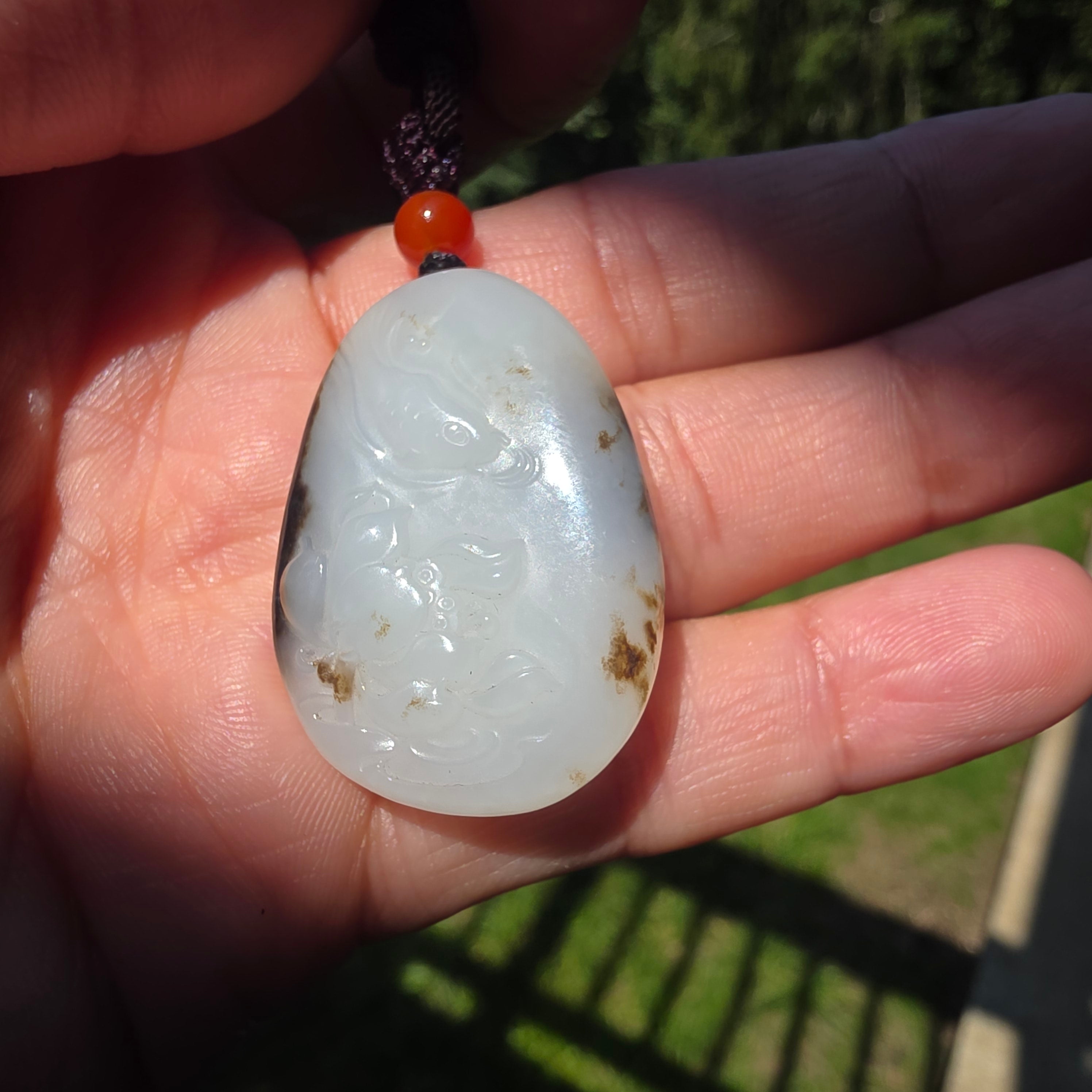 Nephrite Jade Carved Pendant: Lotus and Fish