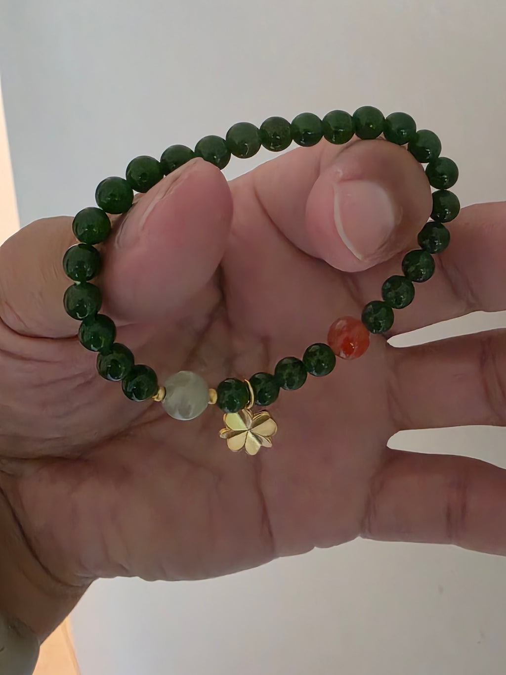Siberian jasper Bracelet (Adorned with one Nanhong Agate bead and one pale "Clear Water" jade bead)