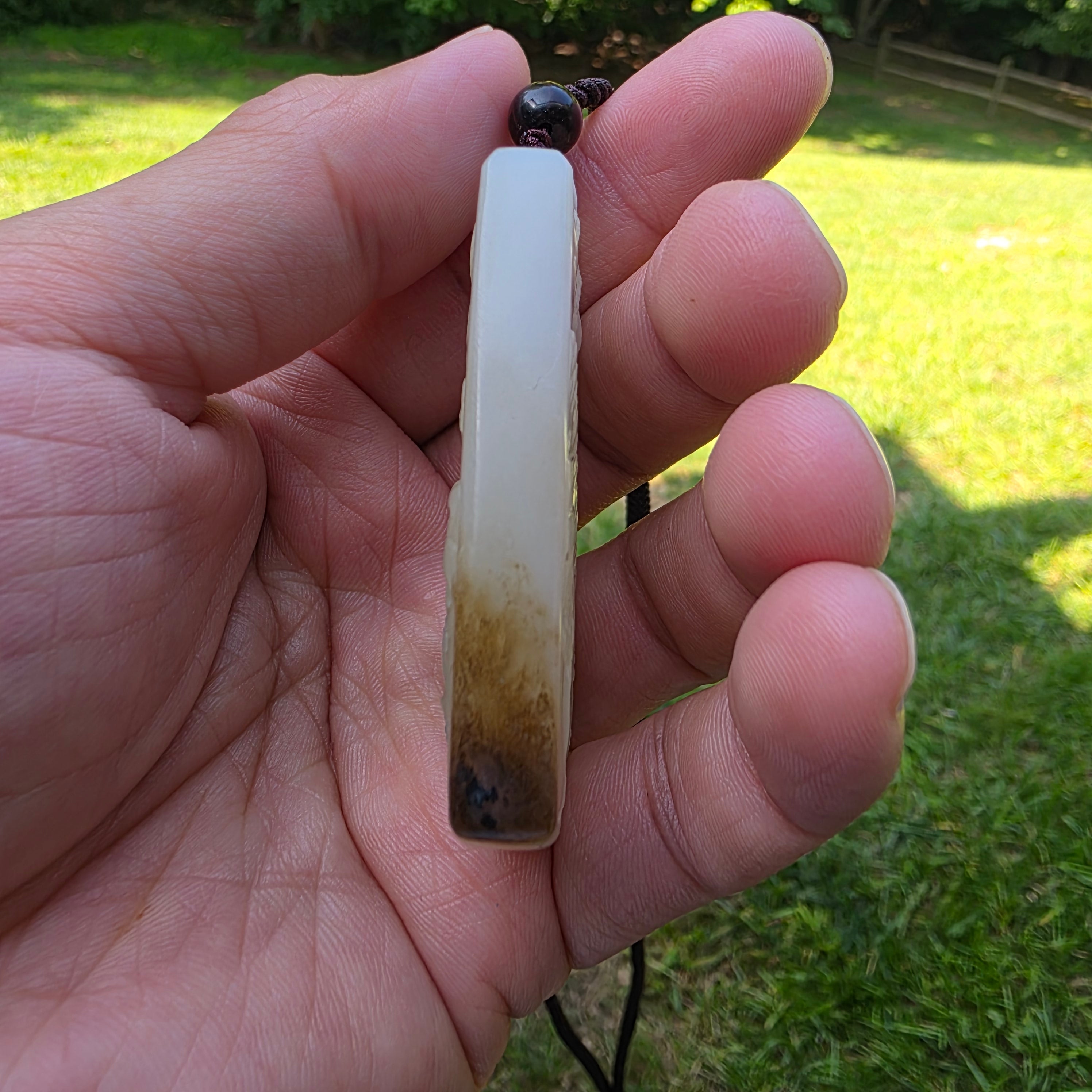 White Nephrite Jade Maitreya Buddha Pendant with Sugar-colored Inclusions